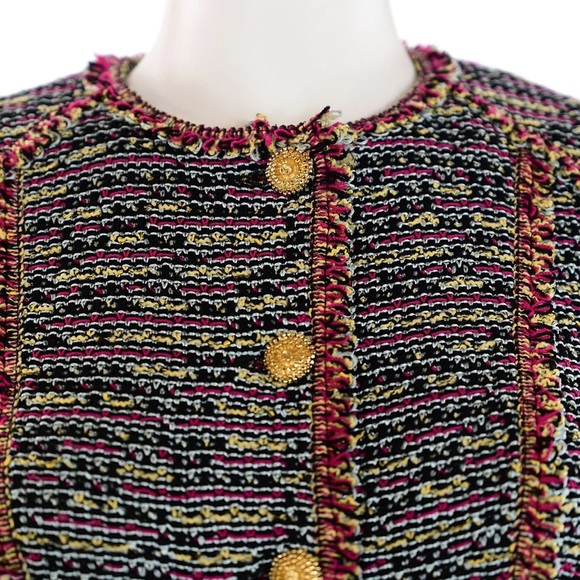 St. John Collection Fringe Trimmed Jacket in Burgundy/Wheat Multicolor Sz 2 - Picture 2 of 11